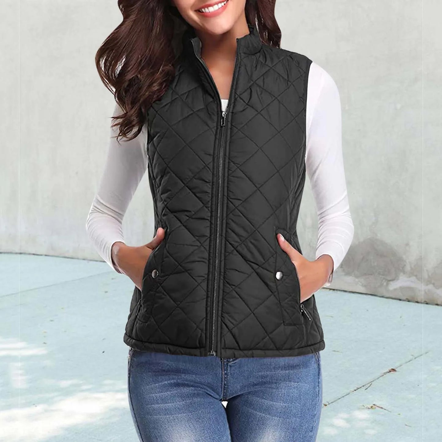 Women'S Padded Vest Quilted Jacket Ladies Zipper Sleeveless Waistcoat Autumn Winter Lightweight Comfortable Cotton down Vests