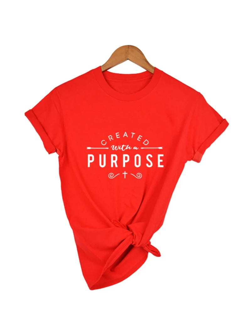 Created with a Purpose Cross T Shirts Casual Women Christian Faith Tee Shirt Femme Tumblr Grunge Short Sleeve Top Drop Shipping