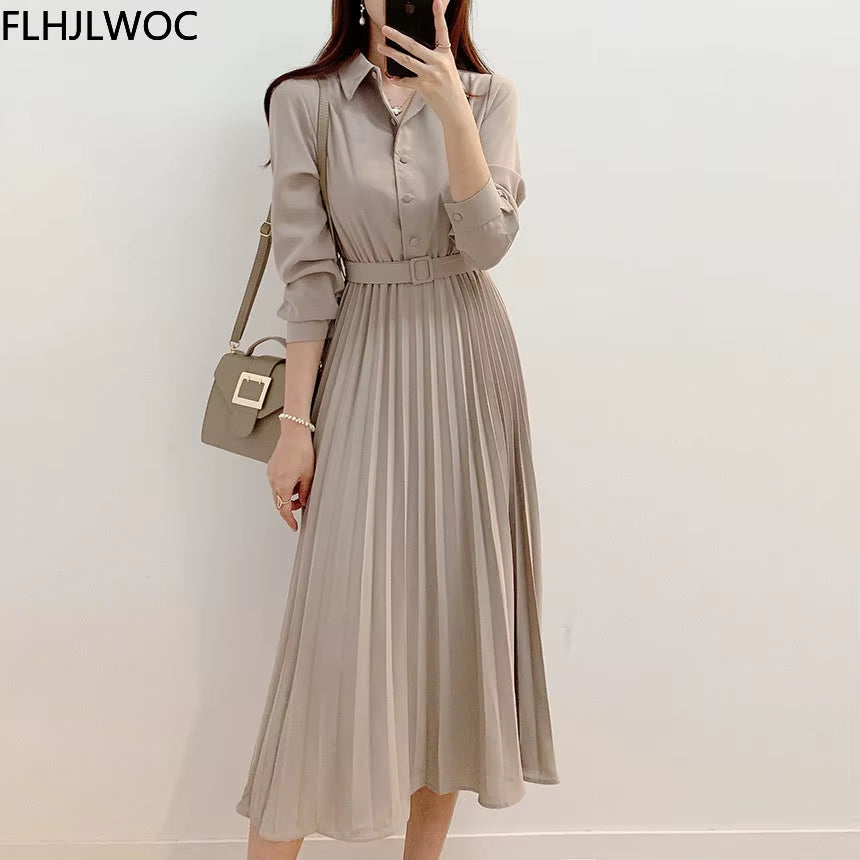 New Design Japan Style Women Chic Korea Basic Wear Casual Robe Solid Cotton Blend Vintage Long Maxi Shirt Dress Belt Vestidos