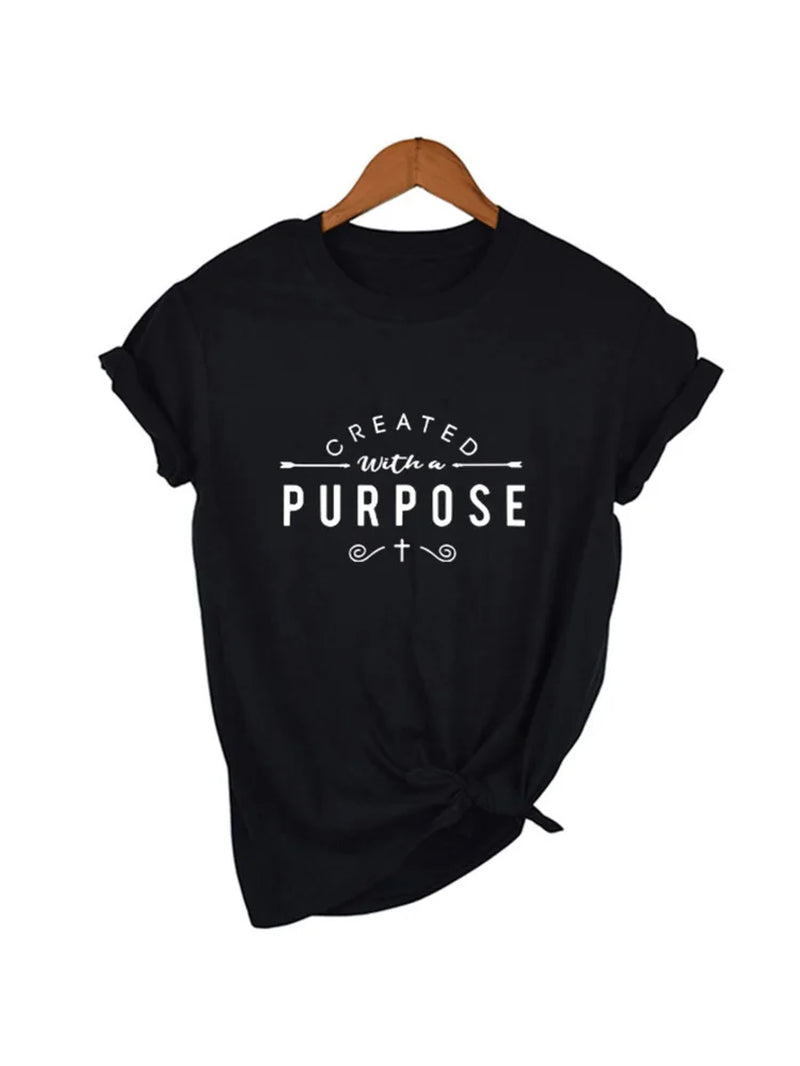 Created with a Purpose Cross T Shirts Casual Women Christian Faith Tee Shirt Femme Tumblr Grunge Short Sleeve Top Drop Shipping