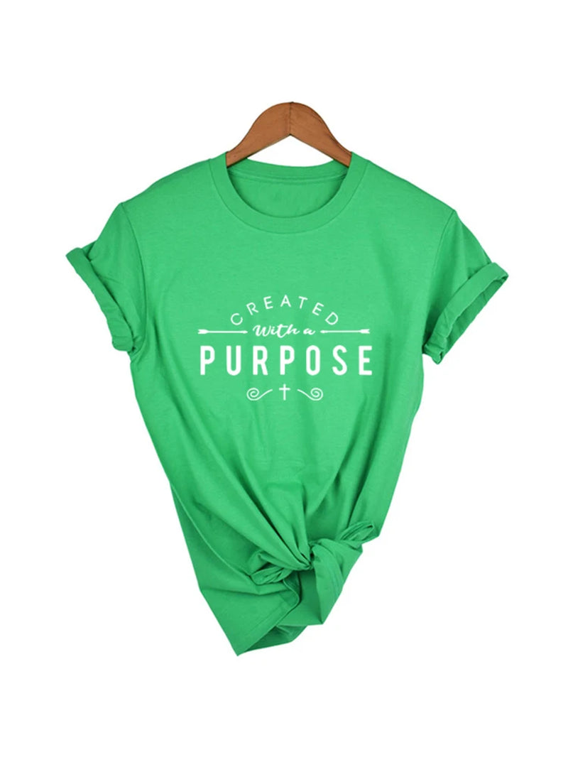 Created with a Purpose Cross T Shirts Casual Women Christian Faith Tee Shirt Femme Tumblr Grunge Short Sleeve Top Drop Shipping