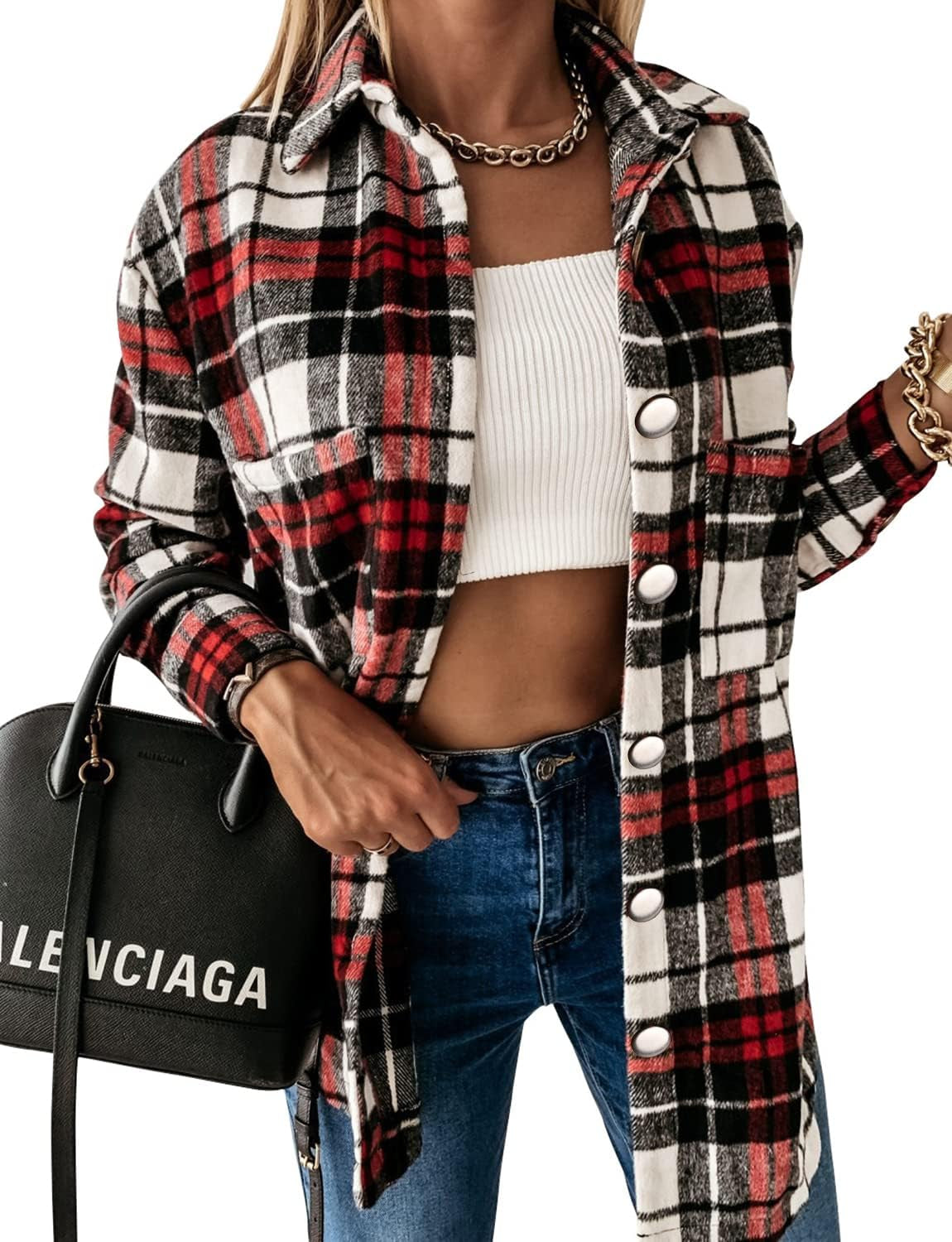 Women'S Casual Long Sleeve Tops Fall Blouses Flannel Plaid Button-Down Shirt Jacket with Pockets