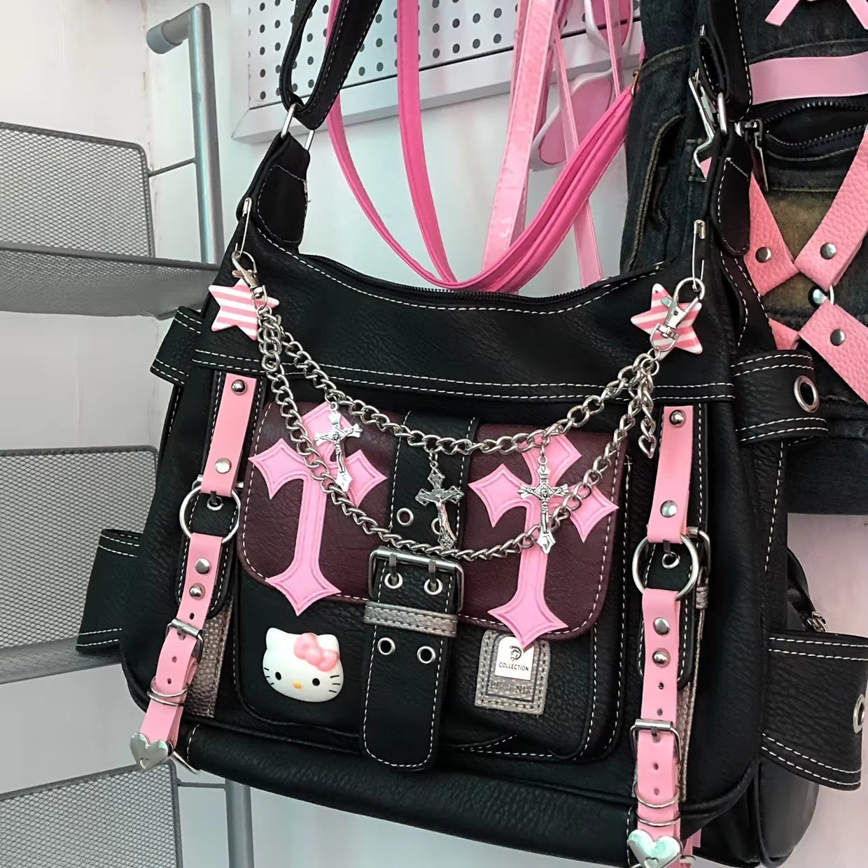 Hello Kitty Sanrio Gothic Punk Vintage Pink Cross Chains Crossbody Bags for Women Toys Hot Girl Handbag Y2K Trend Tote Bag