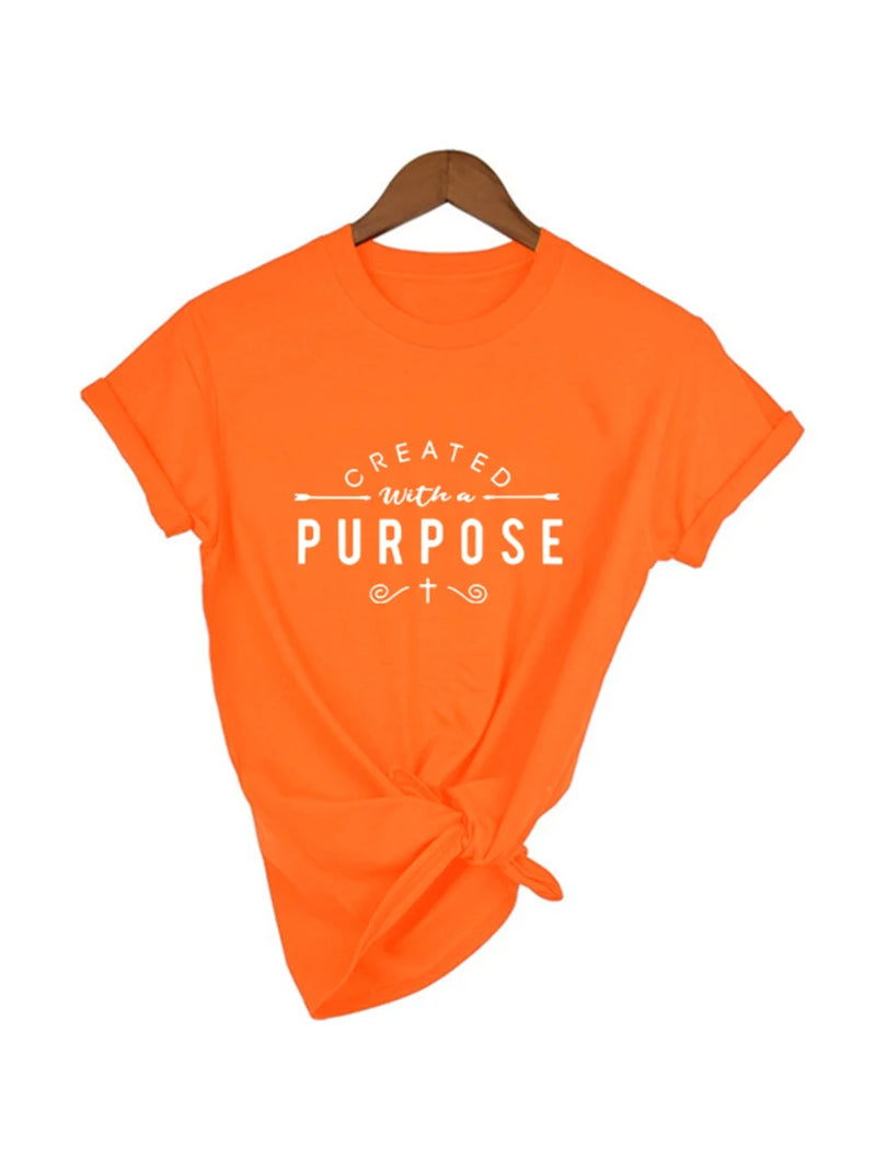 Created with a Purpose Cross T Shirts Casual Women Christian Faith Tee Shirt Femme Tumblr Grunge Short Sleeve Top Drop Shipping