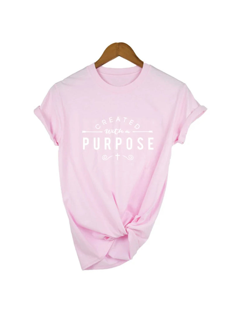 Created with a Purpose Cross T Shirts Casual Women Christian Faith Tee Shirt Femme Tumblr Grunge Short Sleeve Top Drop Shipping