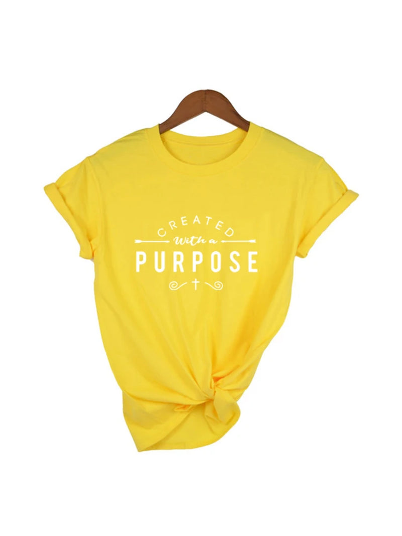 Created with a Purpose Cross T Shirts Casual Women Christian Faith Tee Shirt Femme Tumblr Grunge Short Sleeve Top Drop Shipping