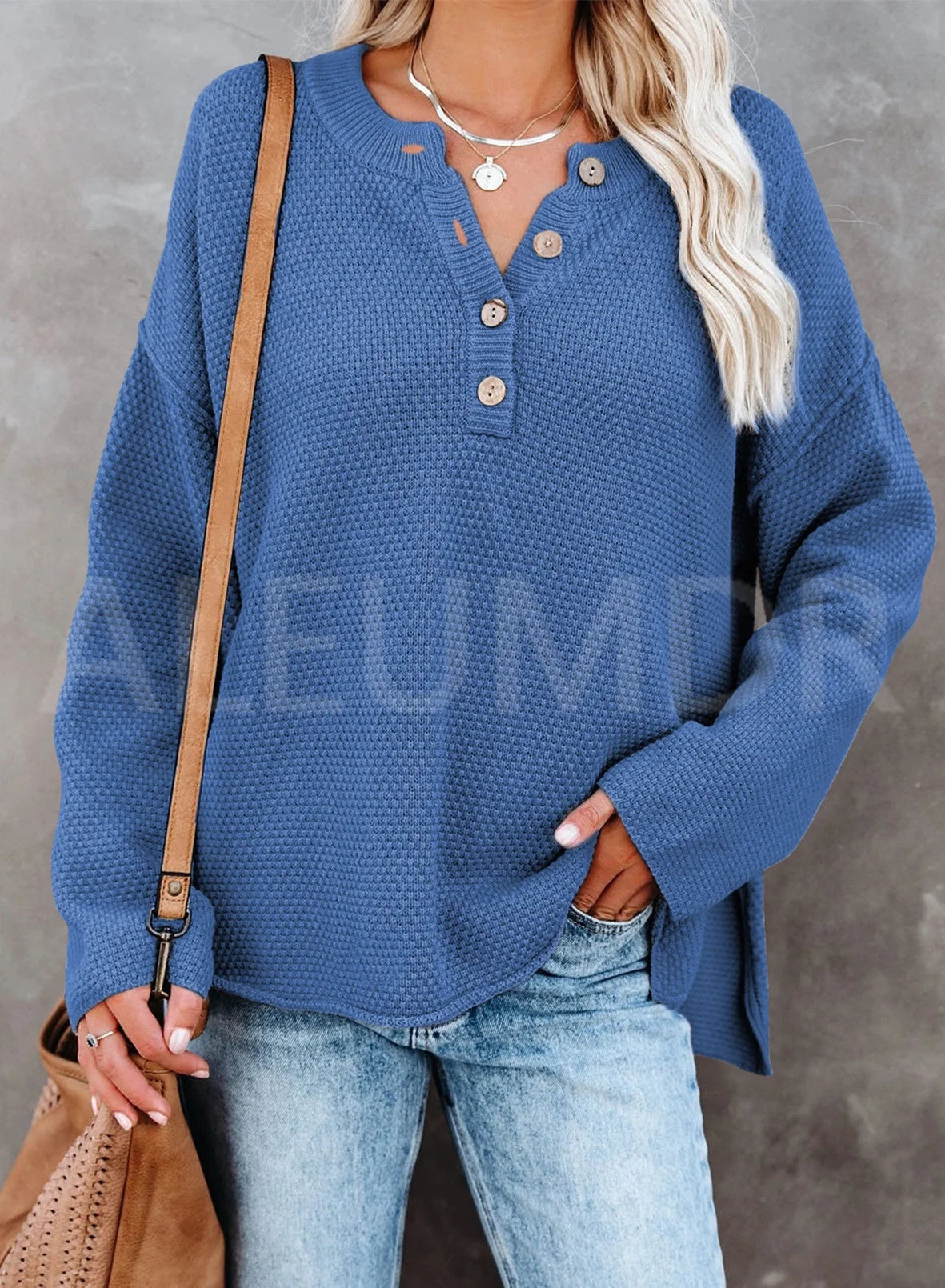 Women Solid Color Sweater Blue Waffle Knit Pullover Side Split Tunic Tops 12 14