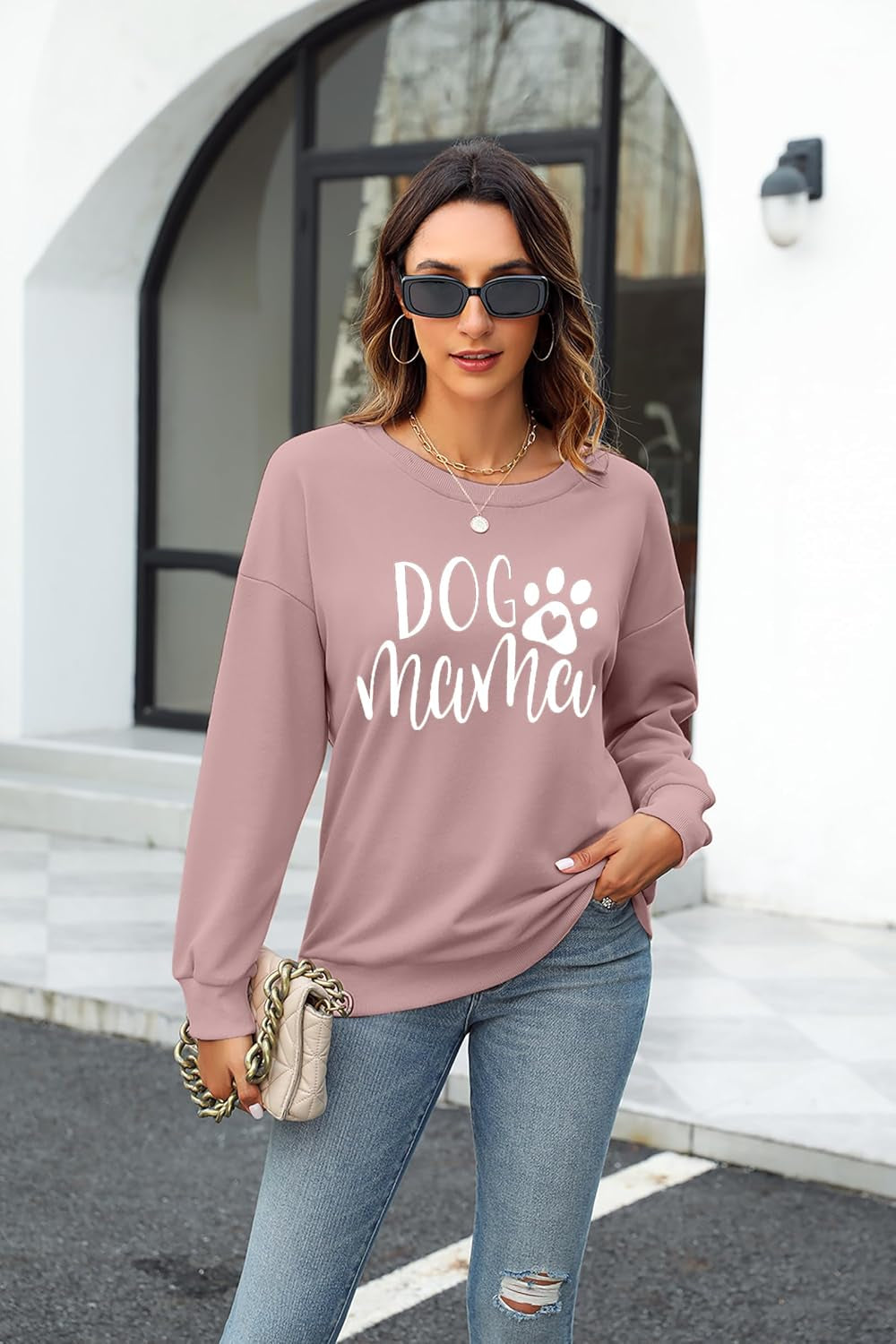 Dog Mom Sweatshirt Women Dog Mama Graphic Shirt Cute Dog Paw Shirts Dog Lover Pullover Casual Long Sleeve Tee Tops