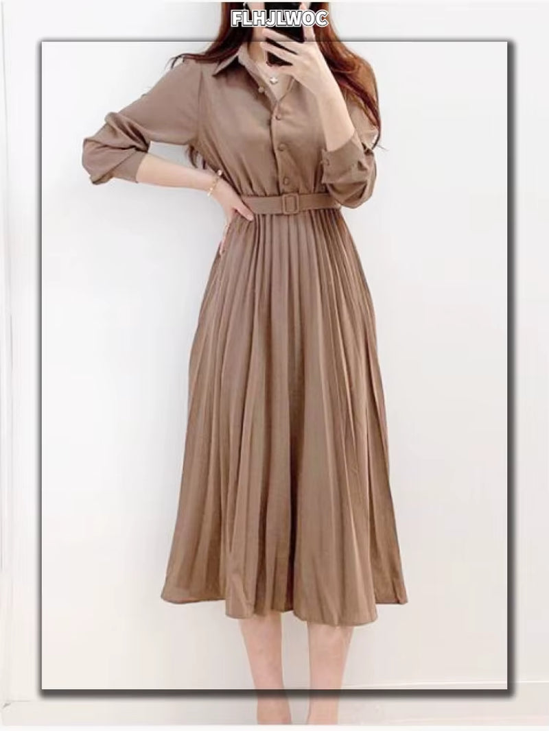 New Design Japan Style Women Chic Korea Basic Wear Casual Robe Solid Cotton Blend Vintage Long Maxi Shirt Dress Belt Vestidos