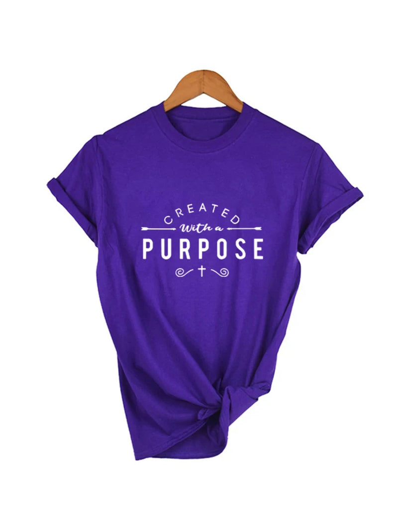 Created with a Purpose Cross T Shirts Casual Women Christian Faith Tee Shirt Femme Tumblr Grunge Short Sleeve Top Drop Shipping