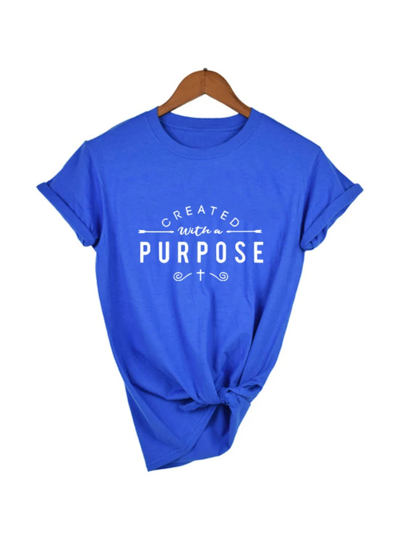 Created with a Purpose Cross T Shirts Casual Women Christian Faith Tee Shirt Femme Tumblr Grunge Short Sleeve Top Drop Shipping