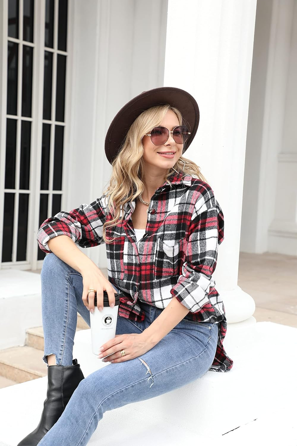 Women'S Casual Long Sleeve Tops Fall Blouses Flannel Plaid Button-Down Shirt Jacket with Pockets