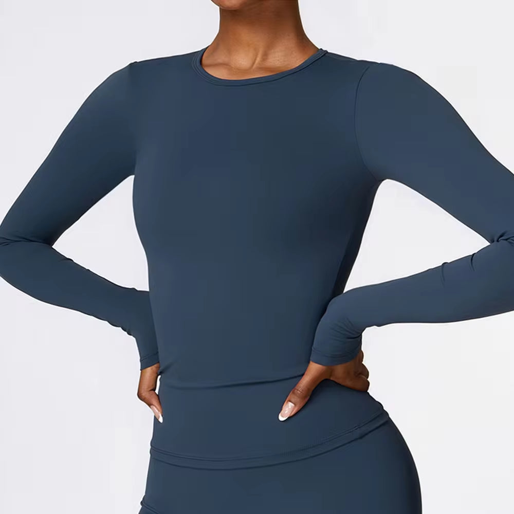 Women'S Quick Dry Breathable Yoga Long Sleeves Crop Top round Neck Sports Top Gym Fitness Workout Sexy Running Long Sleeves